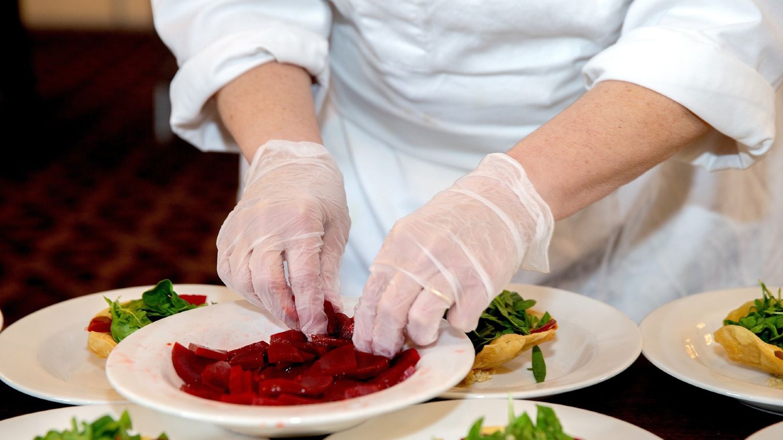 A woman's hands wearing gloves, plating a dish of food, around prepared dishes of food banner image