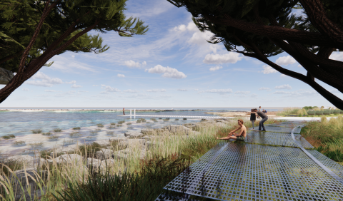 A conceptual image of a foreshore with large rocks, a boardwalk and jetty.