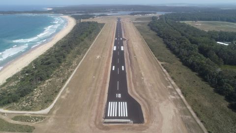 Aerial view of Moruya Airport runway.