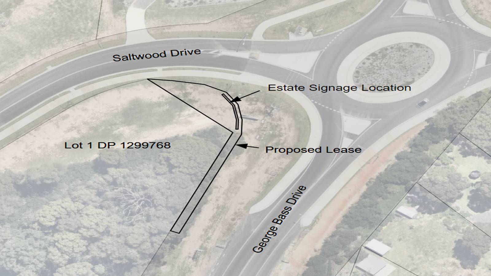 The aerial map shows the site of the proposed lease for estate signage and landscaping, which is adjacent to Saltwood Drive, and George Bass Drive, Rosedale