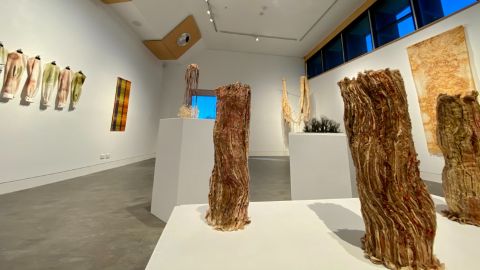 Wide-angled shot of works in gallery.