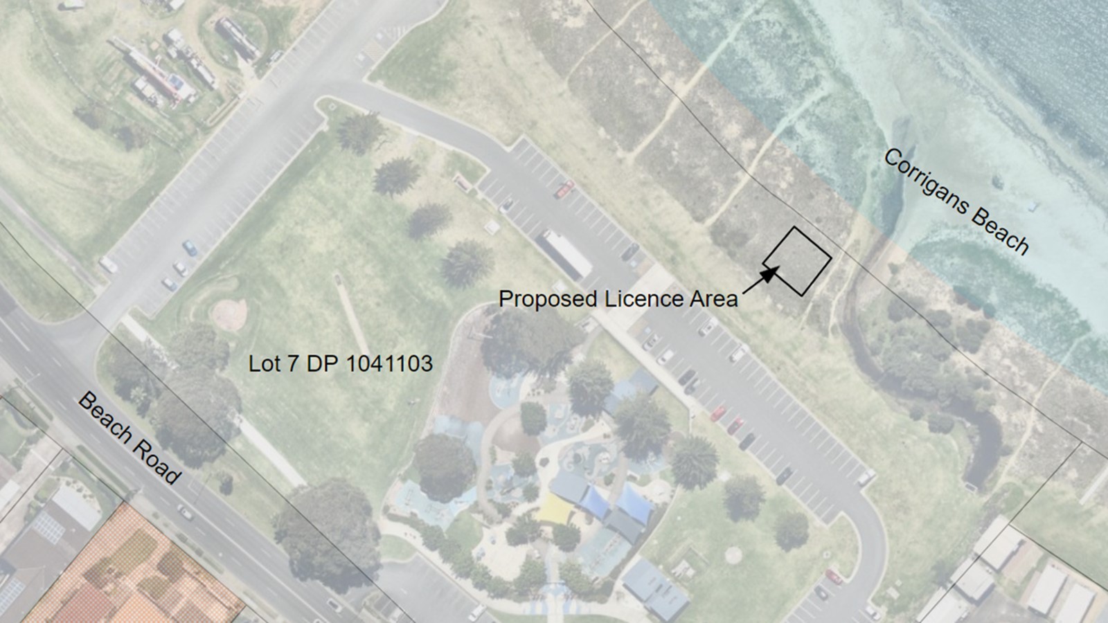  This aerial map shows the site of the proposed licence to the Eurobodalla Outrigger Canoe Club at Corrigans Beach Reserve, Beach Road, Batehaven.