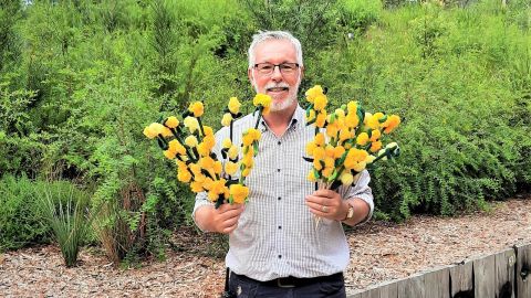 Man with grey hair and beard in blue shirt holding hand knitted yellow flowers