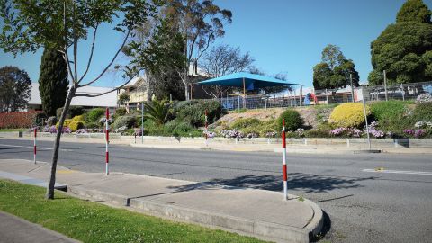 school crossing in front of school with flower bank