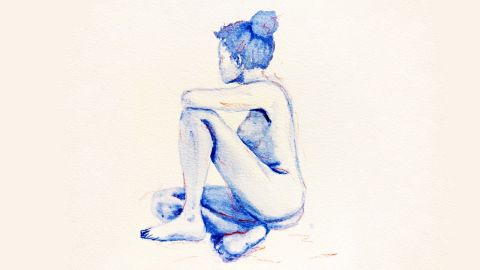 Blue watercolour by Miriam Shilling of a seated nude woman.