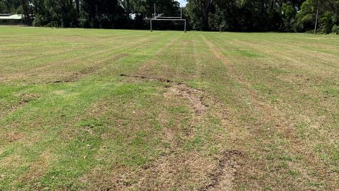 Broulee oval with tyre tracks on playing surface