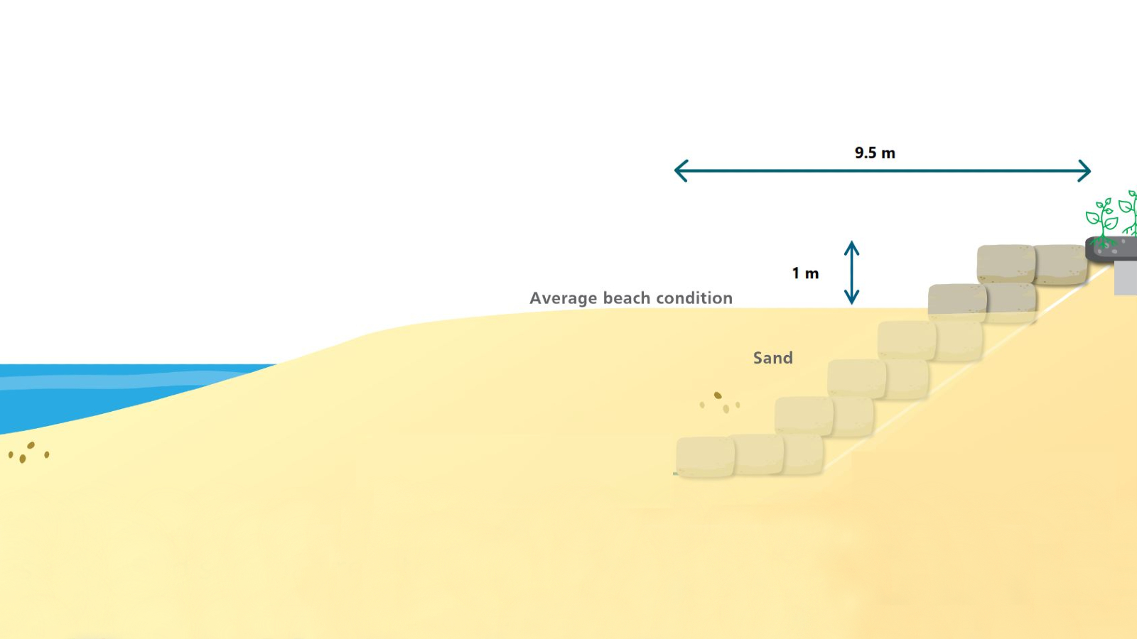 Image A graphic diagram shows a stepped sandbag structure 9.5m wide but only the top 1m exposed above the sand.